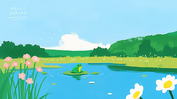 PSD 나무 구름 꽃 일러스트 개구리 풍경 잔디 사람없음 봄풍경 연못 풀잎 연잎 감성 경칩 초봄 국내일러스트 자연요소 식물 컨셉 잎 양서류 봄 풀_식물 절기 파일형식