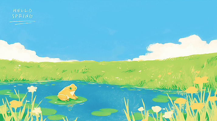 PSD 구름 꽃 일러스트 하늘 개구리 풍경 잔디 사람없음 봄풍경 연못 풀잎 연잎 감성 경칩 초봄 국내일러스트 자연요소 식물 컨셉 잎 양서류 봄 풀_식물 절기 파일형식