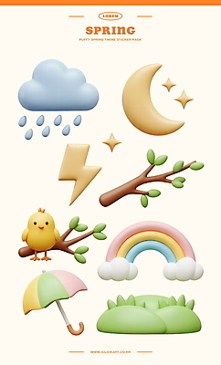PSD 구름 편집이미지 무지개 스티커 우산 병아리 잔디 사람없음 반짝임 컬러풀 3D 봄 비 초승달 번개 오브젝트 다꾸 연노랑색 편집3D 자연요소 식물 계절 컬러 모션 조류 날씨 노란색 달 디지털합성 신조어 약어 파일형식