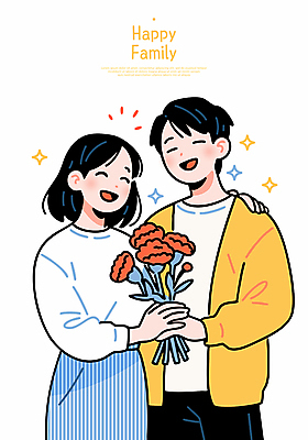 부부 여자 남자 꽃 행복 일러스트 가족 사랑 웃음 들기 성인 두명 반짝임 가정의달 성인만 어깨에손 국내일러스트 AI파일 식물 커플 감정 관계 모션 표정 사람 5월 파일형식 벡터