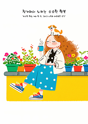 전신 PSD 여자 꽃 행복 화분 잎 일러스트 휴식 한명 미소 들기 성인 담장 눈감음 머그컵 강아지 힐링 성인여자한명만 소확행 국내일러스트 식물 1 감정 컨셉 모션 표정 사람 컵 반려동물 개 신조어 여자한명만 성인여자만 파일형식