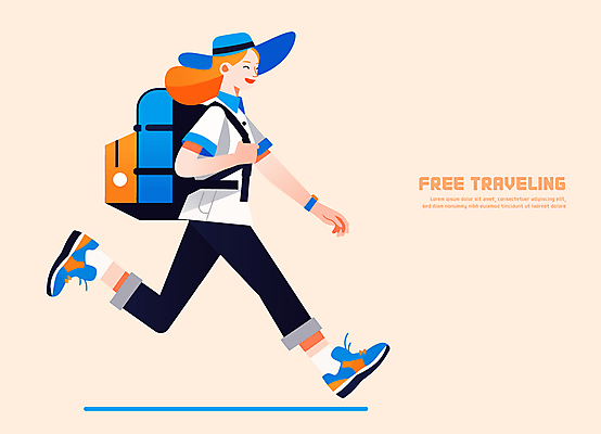 전신 모자 여자 행복 여행 일러스트 배낭 한명 미소 성인 달리기 자유 즐거움 베이지색 혼자 성인여자한명만 국내일러스트 AI파일 1 잡화 감정 컬러 컨셉 가방 모션 표정 사람 여자한명만 성인여자만 파일형식 벡터