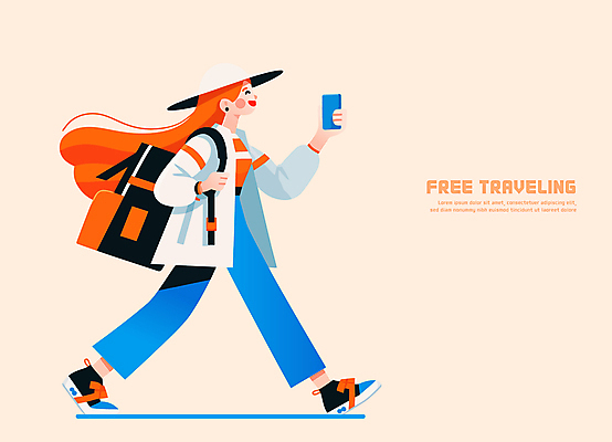 전신 모자 여자 행복 여행 일러스트 배낭 한명 미소 성인 스마트폰 걷기 자유 잡기 즐거움 베이지색 혼자 성인여자한명만 국내일러스트 AI파일 1 잡화 감정 컬러 컨셉 가방 모션 표정 사람 핸드폰 스마트기기 여자한명만 성인여자만 파일형식 벡터