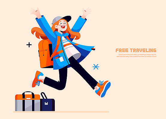 전신 모자 여자 행복 여행 일러스트 배낭 한명 미소 성인 점프 만세 자유 즐거움 베이지색 혼자 성인여자한명만 국내일러스트 AI파일 1 잡화 감정 컬러 컨셉 가방 모션 표정 사람 여자한명만 성인여자만 파일형식 벡터