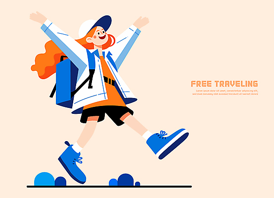 전신 모자 여자 행복 여행 일러스트 배낭 한명 미소 성인 점프 만세 자유 즐거움 베이지색 혼자 성인여자한명만 국내일러스트 AI파일 1 잡화 감정 컬러 컨셉 가방 모션 표정 사람 여자한명만 성인여자만 파일형식 벡터
