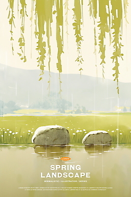 PSD 꽃 호수 일러스트 자연 산 풍경 잔디 사람없음 초록색 평화 봄 바위 비 버드나무 국내일러스트 자연요소 나무 식물 계절 컬러 컨셉 날씨 돌_바위 생태계 파일형식