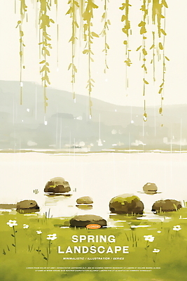 PSD 꽃 호수 일러스트 자연 산 풍경 잔디 사람없음 초록색 평화 바위 버드나무 국내일러스트 나무 식물 컬러 컨셉 돌_바위 생태계 파일형식