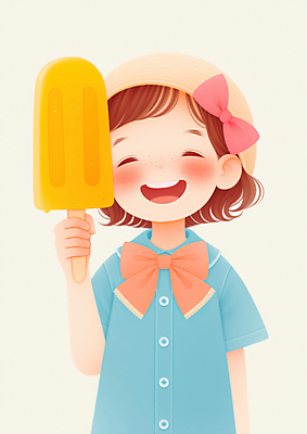JPG 모자 여자 리본 어린이 일러스트 한명 미소 웃음 들기 소녀 상반신 여름 기쁨 막대아이스크림 파스텔톤 소녀한명만 국내일러스트 AI일러스트 AI콘텐츠 1 잡화 계절 감정 컬러 모션 아이스크림 표정 사람 여자한명만 소녀만 파일형식