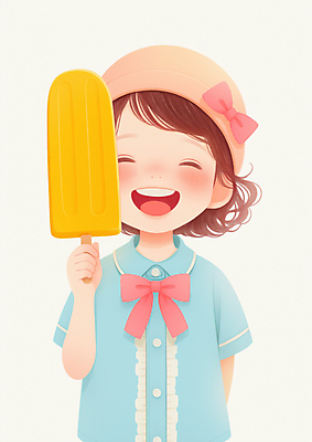 JPG 모자 여자 리본 어린이 일러스트 한명 미소 웃음 들기 소녀 상반신 여름 기쁨 막대아이스크림 파스텔톤 소녀한명만 국내일러스트 AI일러스트 AI콘텐츠 1 잡화 계절 감정 컬러 모션 아이스크림 표정 사람 여자한명만 소녀만 파일형식
