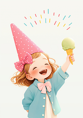 JPG 여자 리본 어린이 일러스트 한명 미소 웃음 들기 소녀 상반신 여름 기쁨 고깔모자 생일 콘아이스크림 파스텔톤 소녀한명만 국내일러스트 AI일러스트 AI콘텐츠 모자_잡화 1 계절 기념일 감정 컬러 모션 아이스크림 표정 사람 여자한명만 소녀만 파일형식