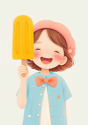 JPG 모자 여자 리본 어린이 일러스트 한명 미소 웃음 들기 소녀 상반신 여름 기쁨 막대아이스크림 파스텔톤 소녀한명만 국내일러스트 AI일러스트 AI콘텐츠 1 잡화 계절 감정 컬러 모션 아이스크림 표정 사람 여자한명만 소녀만 파일형식