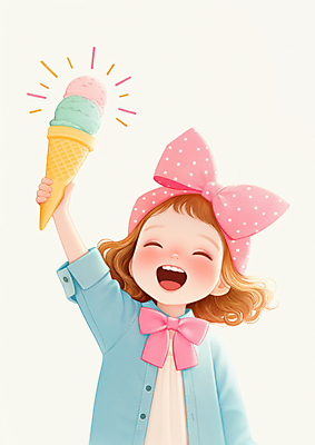 JPG 여자 리본 어린이 일러스트 한명 미소 웃음 들기 소녀 상반신 여름 기쁨 머리띠 콘아이스크림 파스텔톤 소녀한명만 국내일러스트 AI일러스트 AI콘텐츠 1 계절 감정 컬러 장신구 모션 아이스크림 표정 사람 여자한명만 소녀만 파일형식