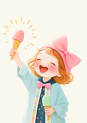 JPG 여자 리본 어린이 일러스트 한명 미소 웃음 들기 소녀 상반신 여름 기쁨 머리띠 콘아이스크림 파스텔톤 소녀한명만 국내일러스트 AI일러스트 AI콘텐츠 1 계절 감정 컬러 장신구 모션 아이스크림 표정 사람 여자한명만 소녀만 파일형식