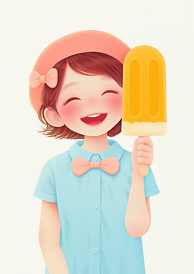 JPG 모자 여자 리본 어린이 일러스트 한명 미소 웃음 들기 소녀 상반신 여름 기쁨 막대아이스크림 파스텔톤 소녀한명만 국내일러스트 AI일러스트 AI콘텐츠 1 잡화 계절 감정 컬러 모션 아이스크림 표정 사람 여자한명만 소녀만 파일형식