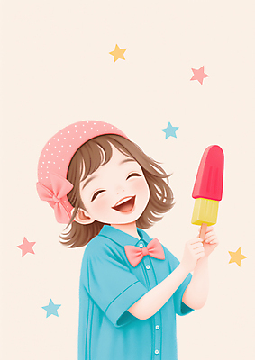 JPG 모자 여자 별 리본 어린이 일러스트 한명 미소 웃음 들기 소녀 상반신 여름 기쁨 막대아이스크림 파스텔톤 소녀한명만 국내일러스트 AI일러스트 AI콘텐츠 자연요소 1 잡화 계절 감정 컬러 모션 아이스크림 표정 사람 여자한명만 소녀만 파일형식
