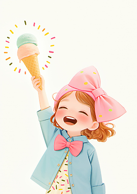 JPG 여자 리본 어린이 일러스트 한명 미소 웃음 들기 소녀 상반신 여름 기쁨 콘아이스크림 파스텔톤 소녀한명만 국내일러스트 AI일러스트 AI콘텐츠 1 계절 감정 컬러 모션 아이스크림 표정 사람 여자한명만 소녀만 파일형식