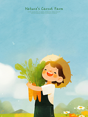 PSD 구름 여자 꽃 어린이 하늘색 일러스트 자연 하늘 산 한명 미소 들기 소녀 상반신 농장 당근 농부 멜빵 친환경 밀짚모자 소녀한명만 국내일러스트 자연요소 식물 직업 모자_잡화 1 잡화 농업 모션 뿌리채소 표정 사람 파란색 환경 생태계 여자한명만 소녀만 파일형식