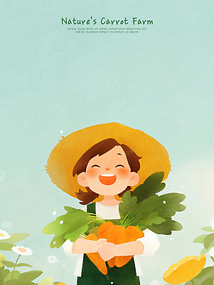 PSD 여자 꽃 어린이 하늘색 잎 일러스트 자연 하늘 한명 미소 들기 소녀 상반신 농장 당근 농부 멜빵 친환경 밀짚모자 소녀한명만 국내일러스트 식물 직업 모자_잡화 1 잡화 농업 모션 뿌리채소 표정 사람 파란색 환경 생태계 여자한명만 소녀만 파일형식