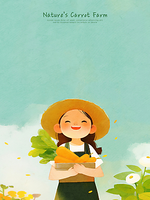 PSD 구름 여자 꽃 어린이 하늘색 잎 일러스트 자연 하늘 한명 미소 들기 소녀 상반신 농장 바구니 당근 농부 멜빵 친환경 밀짚모자 소녀한명만 국내일러스트 자연요소 식물 직업 모자_잡화 1 잡화 농업 모션 뿌리채소 표정 사람 파란색 환경 생태계 여자한명만 소녀만 파일형식