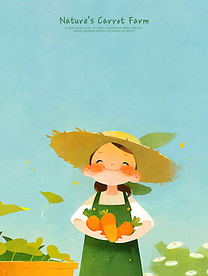 PSD 여자 어린이 하늘색 잎 일러스트 자연 하늘 한명 미소 들기 소녀 상반신 농장 당근 농부 멜빵 친환경 밀짚모자 소녀한명만 국내일러스트 식물 직업 모자_잡화 1 잡화 농업 모션 뿌리채소 표정 사람 파란색 환경 생태계 여자한명만 소녀만 파일형식