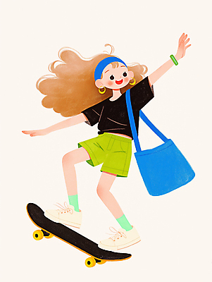 JPG 전신 여자 가방 일러스트 팔벌리기 한명 미소 성인 취미 자유 머리띠 스케이트보드 균형 즐거움 역동적 활기 성인여자한명만 국내일러스트 AI일러스트 AI콘텐츠 1 잡화 감정 컨셉 장신구 모션 표정 사람 보드_스포츠 여자한명만 성인여자만 파일형식