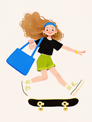 JPG 전신 여자 가방 일러스트 한명 미소 성인 취미 자유 잡기 머리띠 스케이트보드 균형 즐거움 역동적 활기 손뻗기 성인여자한명만 국내일러스트 AI일러스트 AI콘텐츠 1 잡화 감정 컨셉 장신구 모션 표정 사람 보드_스포츠 여자한명만 성인여자만 파일형식