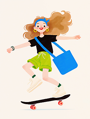 JPG 전신 여자 가방 일러스트 팔벌리기 한명 미소 성인 취미 자유 머리띠 스케이트보드 균형 즐거움 역동적 활기 성인여자한명만 국내일러스트 AI일러스트 AI콘텐츠 1 잡화 감정 컨셉 장신구 모션 표정 사람 보드_스포츠 여자한명만 성인여자만 파일형식