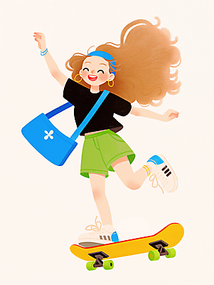 JPG 전신 여자 가방 일러스트 한명 미소 성인 취미 손들기 자유 머리띠 스케이트보드 균형 즐거움 역동적 활기 성인여자한명만 국내일러스트 AI일러스트 AI콘텐츠 1 잡화 감정 컨셉 장신구 모션 표정 사람 보드_스포츠 여자한명만 성인여자만 파일형식