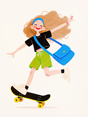 JPG 전신 여자 가방 일러스트 팔벌리기 한명 미소 성인 취미 자유 머리띠 스케이트보드 균형 즐거움 역동적 활기 성인여자한명만 국내일러스트 AI일러스트 AI콘텐츠 1 잡화 감정 컨셉 장신구 모션 표정 사람 보드_스포츠 여자한명만 성인여자만 파일형식