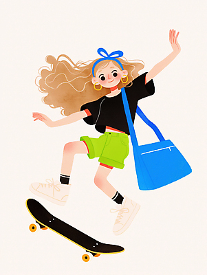 JPG 전신 여자 가방 일러스트 팔벌리기 한명 미소 성인 취미 자유 머리띠 스케이트보드 균형 즐거움 역동적 활기 성인여자한명만 국내일러스트 AI일러스트 AI콘텐츠 1 잡화 감정 컨셉 장신구 모션 표정 사람 보드_스포츠 여자한명만 성인여자만 파일형식