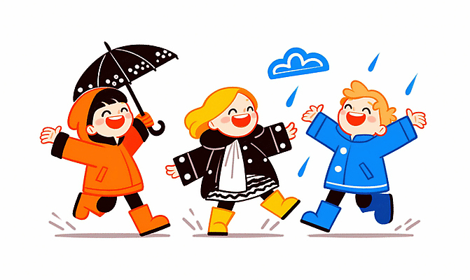 JPG 전신 구름 여자 남자 행복 어린이 일러스트 우산 놀이 장화 웃음 들기 소녀 소년 여러명 만세 빗방울 즐거움 우비 레인부츠 어린이만 국내일러스트 AI일러스트 AI콘텐츠 자연요소 옷 감정 다수 신발 모션 부츠 표정 사람 비_날씨 파일형식