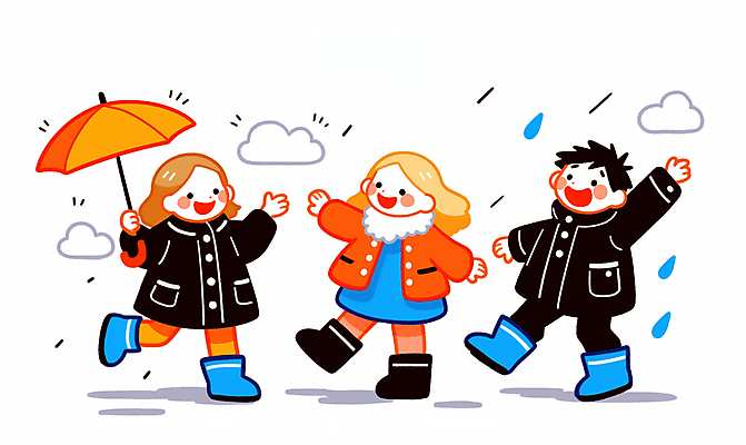 JPG 전신 구름 여자 남자 행복 어린이 일러스트 우산 놀이 장화 웃음 들기 소녀 소년 여러명 손들기 빗방울 즐거움 손인사 우비 레인부츠 어린이만 국내일러스트 AI일러스트 AI콘텐츠 자연요소 옷 감정 다수 신발 모션 부츠 표정 사람 인사 비_날씨 파일형식