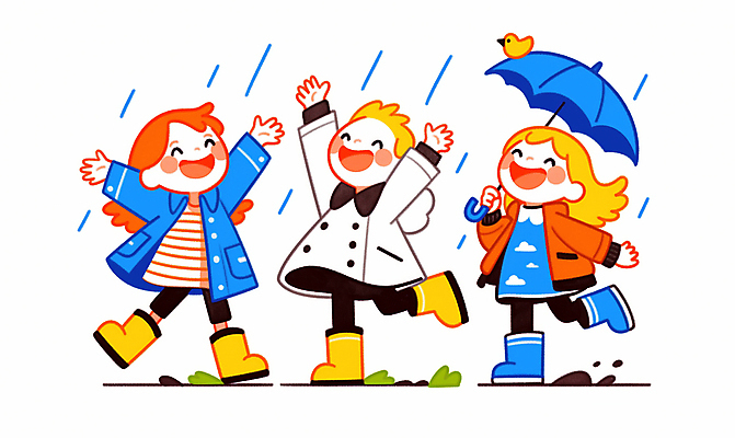 JPG 전신 구름 여자 남자 행복 어린이 일러스트 우산 놀이 장화 웃음 들기 소녀 소년 여러명 만세 빗방울 즐거움 우비 레인부츠 어린이만 국내일러스트 AI일러스트 AI콘텐츠 자연요소 옷 감정 다수 신발 모션 부츠 표정 사람 비_날씨 파일형식