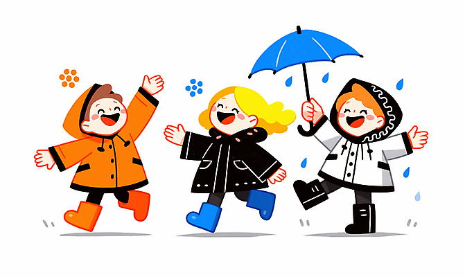 JPG 전신 구름 여자 남자 행복 어린이 일러스트 우산 놀이 장화 웃음 들기 소녀 소년 여러명 손들기 빗방울 즐거움 우비 레인부츠 어린이만 국내일러스트 AI일러스트 AI콘텐츠 자연요소 옷 감정 다수 신발 모션 부츠 표정 사람 비_날씨 파일형식