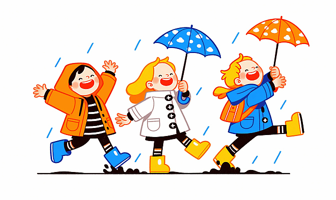 JPG 전신 구름 여자 남자 행복 어린이 일러스트 우산 놀이 책가방 장화 웃음 들기 소녀 소년 여러명 만세 빗방울 즐거움 우비 레인부츠 흙탕물 어린이만 국내일러스트 AI일러스트 AI콘텐츠 자연요소 옷 감정 다수 신발 가방 모션 부츠 표정 사람 물 비_날씨 파일형식