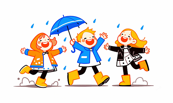 JPG 전신 구름 여자 남자 행복 어린이 일러스트 우산 놀이 팔벌리기 장화 웃음 들기 소녀 소년 여러명 빗방울 즐거움 우비 다리들기 레인부츠 어린이만 국내일러스트 AI일러스트 AI콘텐츠 자연요소 옷 감정 다수 신발 모션 부츠 표정 사람 비_날씨 파일형식