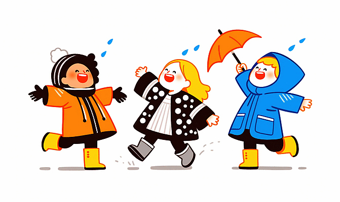 JPG 전신 구름 여자 남자 행복 어린이 일러스트 우산 놀이 털모자 장화 웃음 들기 소녀 소년 여러명 손들기 빗방울 즐거움 우비 레인부츠 어린이만 국내일러스트 AI일러스트 AI콘텐츠 자연요소 모자_잡화 옷 감정 다수 신발 모션 부츠 표정 사람 비_날씨 파일형식
