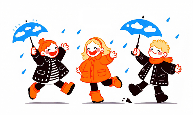 JPG 전신 여자 남자 행복 어린이 일러스트 우산 놀이 장화 웃음 들기 소녀 소년 여러명 빗방울 즐거움 우비 레인부츠 어린이만 국내일러스트 AI일러스트 AI콘텐츠 옷 감정 다수 신발 모션 부츠 표정 사람 비_날씨 파일형식