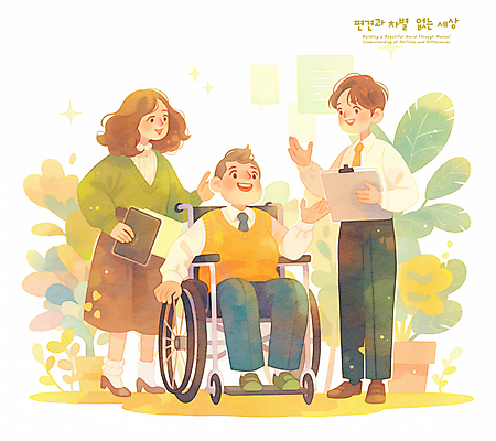 전신 PSD 식물 학생 여자 남자 일러스트 청소년 따뜻함 밝음 미소 들기 성인 세명 반짝임 손들기 사회 장애인 휠체어 장애 소통 서류판 평등 국내일러스트 컨셉 모션 표정 사람 사무용품 공동체 파일형식