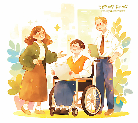 전신 PSD 식물 학생 여자 남자 일러스트 청소년 따뜻함 밝음 미소 들기 성인 세명 반짝임 사회 장애인 휠체어 장애 소통 서류판 평등 국내일러스트 컨셉 모션 표정 사람 사무용품 공동체 파일형식