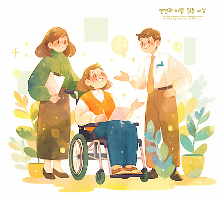 전신 PSD 식물 학생 여자 남자 일러스트 청소년 따뜻함 밝음 미소 들기 성인 세명 반짝임 손들기 사회 장애인 휠체어 장애 소통 서류판 평등 국내일러스트 컨셉 모션 표정 사람 사무용품 공동체 파일형식