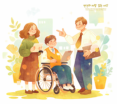 전신 PSD 식물 학생 여자 남자 일러스트 청소년 따뜻함 밝음 미소 들기 성인 세명 반짝임 가리킴 사회 장애인 휠체어 장애 소통 서류판 평등 국내일러스트 컨셉 모션 표정 사람 손짓 사무용품 공동체 파일형식