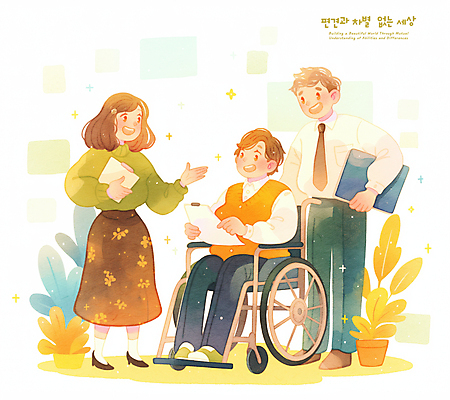 전신 PSD 식물 학생 여자 남자 일러스트 청소년 따뜻함 밝음 미소 들기 성인 세명 반짝임 사회 장애인 휠체어 장애 소통 서류판 평등 국내일러스트 컨셉 모션 표정 사람 사무용품 공동체 파일형식