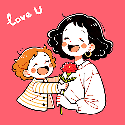 PSD 여자 꽃 행복 어린이 분홍색 일러스트 모녀 따뜻함 사랑 들기 소녀 상반신 성인 두명 카네이션 여자만 일러캐릭터 식물 캐릭터 딸 감정 컬러 가족 모션 엄마 사람 파일형식