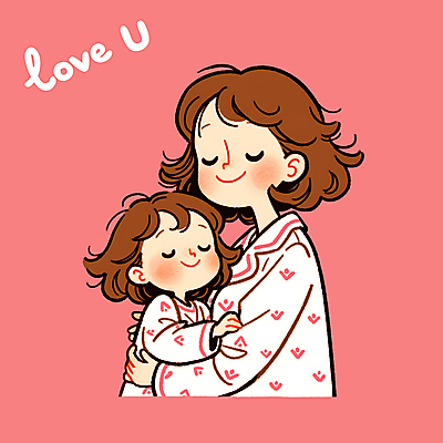 PSD 여자 꽃 행복 어린이 분홍색 일러스트 포옹 모녀 따뜻함 사랑 소녀 상반신 성인 두명 눈감음 잠옷 여자만 일러캐릭터 식물 캐릭터 옷 딸 감정 컬러 가족 안기 모션 엄마 사람 파일형식