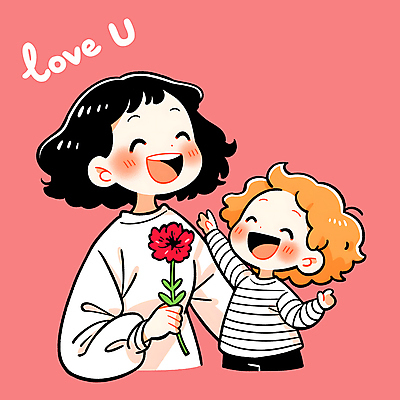 PSD 여자 남자 꽃 행복 어린이 분홍색 일러스트 따뜻함 사랑 들기 소년 상반신 성인 두명 카네이션 손뻗기 일러캐릭터 모자관계 식물 캐릭터 감정 아들 컬러 가족 모션 엄마 사람 파일형식