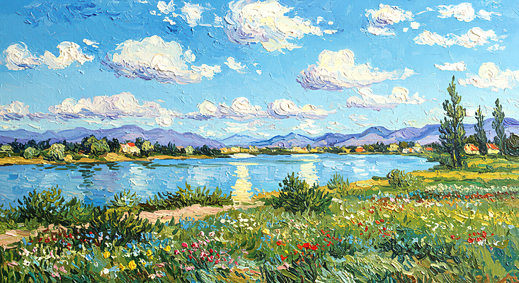 JPG 나무 구름 편집이미지 꽃밭 자연 하늘 산 풍경 사람없음 강 반사 봄 질감 캔버스 유화 편집실사 자연요소 식물 계절 꽃 미술 CG 생태계 파일형식