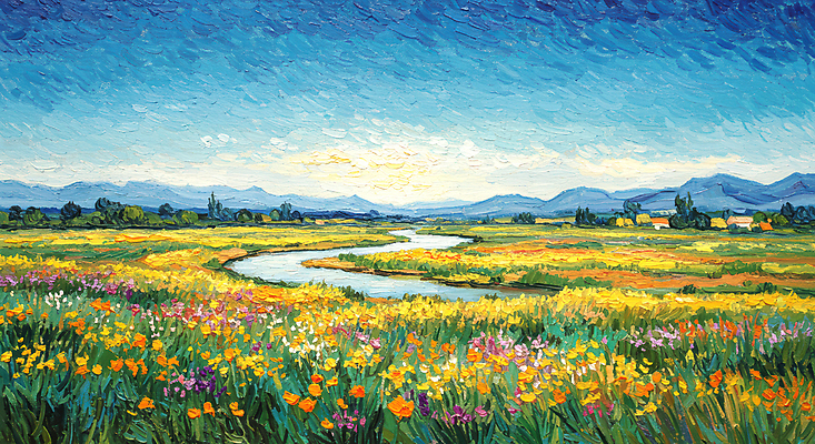 JPG 나무 편집이미지 꽃밭 자연 하늘 산 풍경 사람없음 강 봄 질감 캔버스 유화 편집실사 식물 계절 꽃 미술 CG 생태계 파일형식