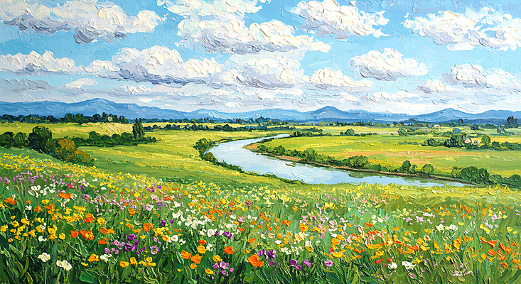 JPG 나무 구름 편집이미지 꽃밭 자연 하늘 산 풍경 사람없음 강 봄 질감 캔버스 유화 편집실사 자연요소 식물 계절 꽃 미술 CG 생태계 파일형식