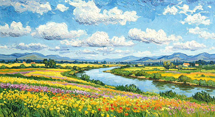 JPG 나무 구름 편집이미지 꽃밭 자연 하늘 산 풍경 사람없음 강 봄 질감 캔버스 유화 편집실사 자연요소 식물 계절 꽃 미술 CG 생태계 파일형식